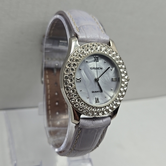 Womens Gruen Pave Crystal Lavender Watch Silver MOP Purple Leather New Battery - Picture 3 of 12